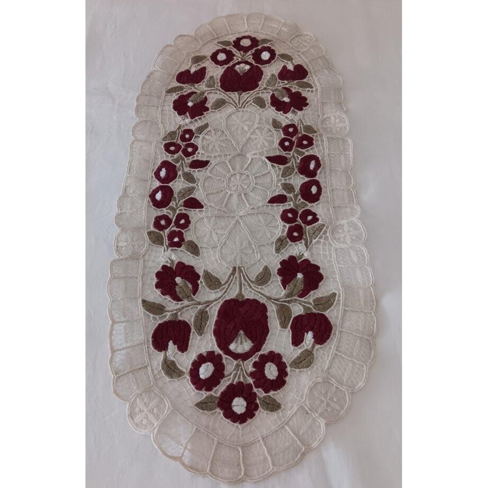 Vintage Hungarian Embroidered Table Runner Burgundy Red Kalocsa Lace 26"